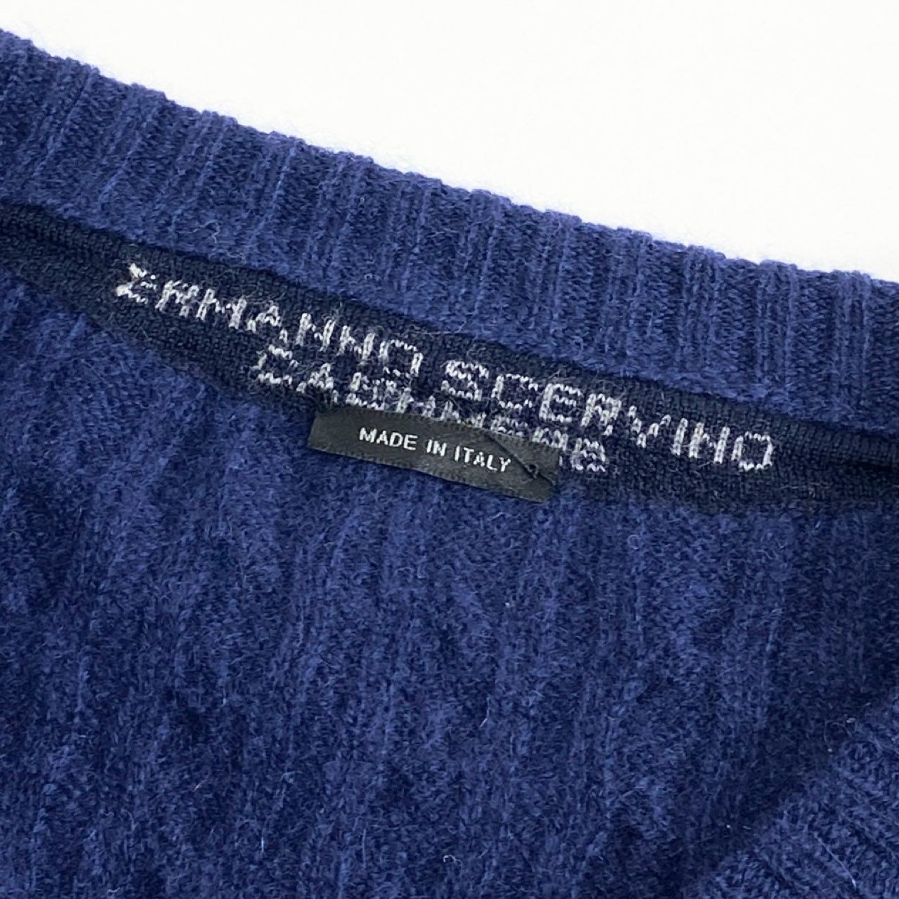 23c16 Ermanno Scervino エルマンノシェルヴィーノ イタリア製 Vネック 半袖 ニット セーター レース トップス 42 ネイビー カシミヤ100％ MADE IN ITALY