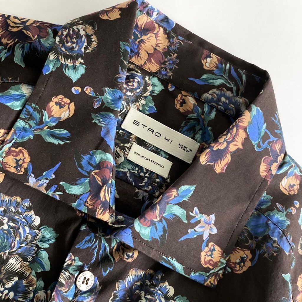 48j8 《未使用》ETRO エトロ フラワープリントシャツ 41 ブラウン メンズ 長袖 羽織 花柄 1flower print shirt イタリア製 タグ付き