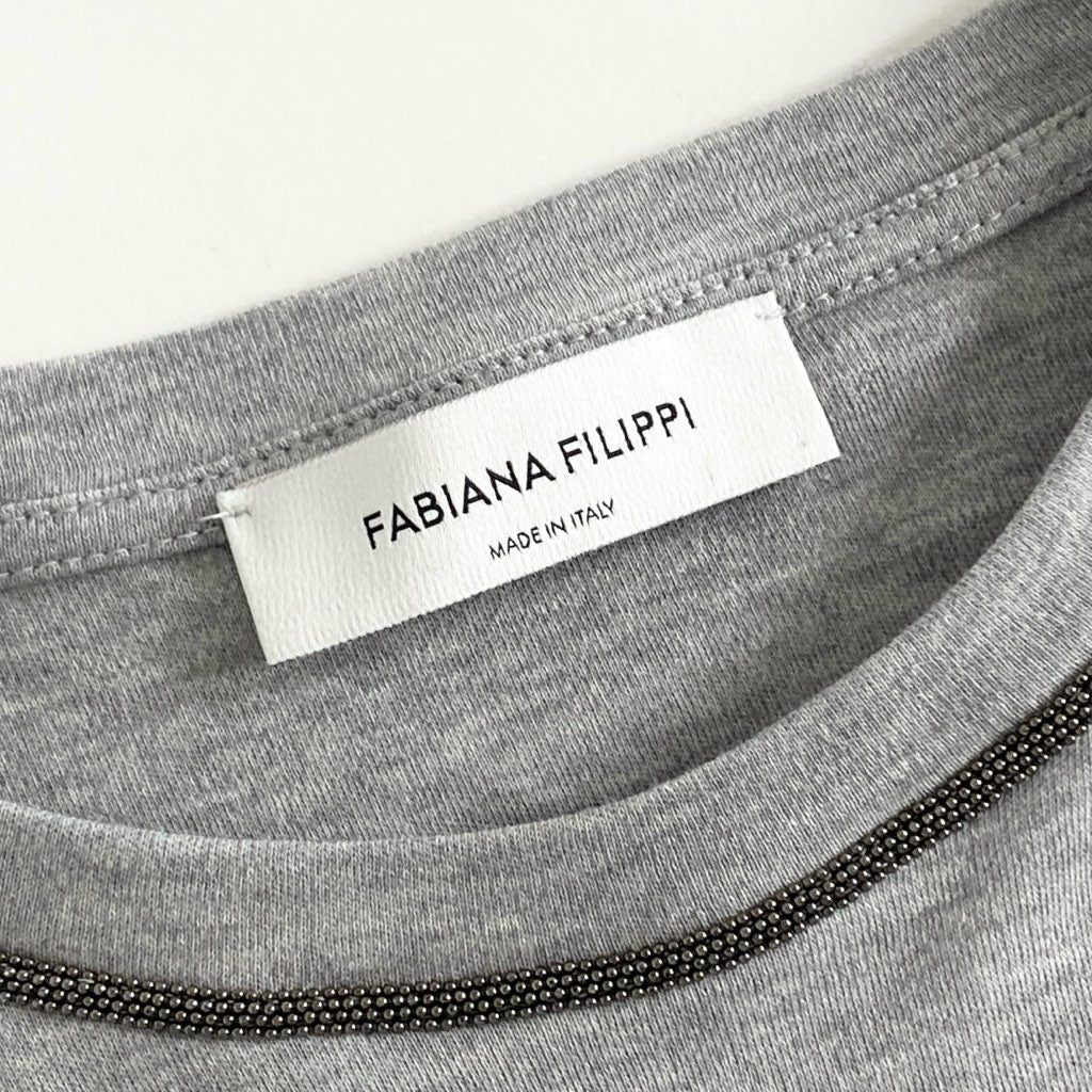 25c6 FABIANA FILIPPI ファビアナフィリッピ イタリア製 クルーネック Tシャツ カットソー 半袖 ビーズチェーン XXS グレー コットン MADE IN ITALY