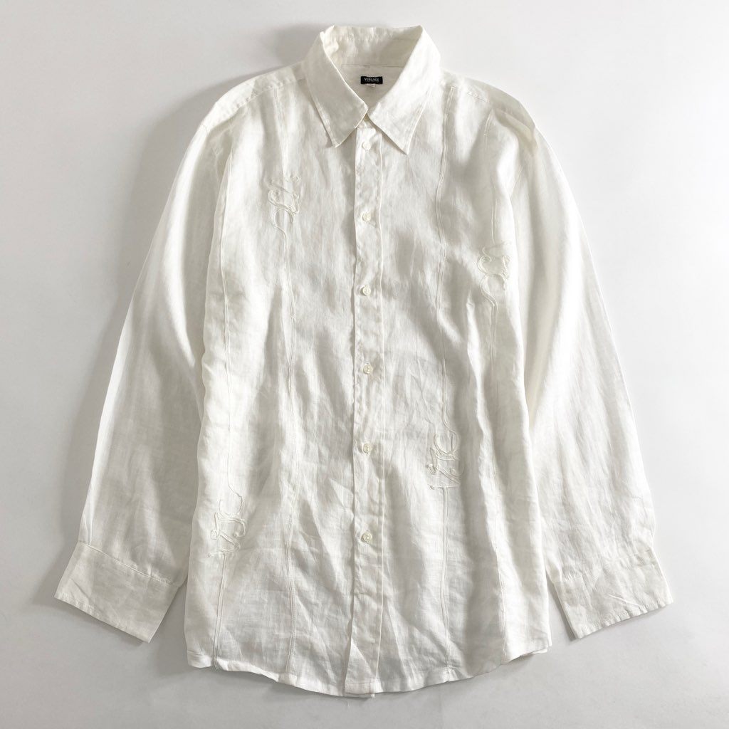 8b11 VERSACE ヴェルサーチ 刺繍デザイン リネンドレスシャツ XXL ホワイト 大きいサイズ イタリア LINEN SHIRT