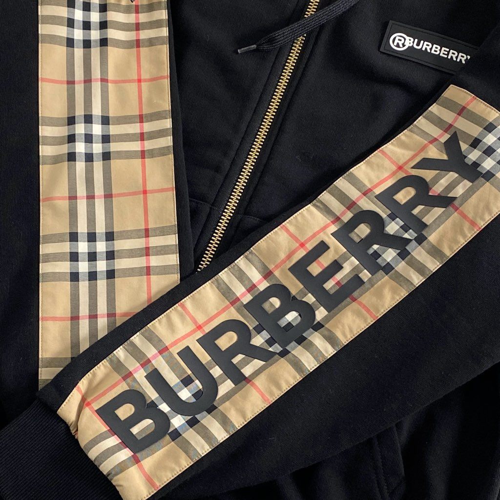 17c2 《美品》 BURBERRY バーバリー Vintage Check Panel Hoodie ノバチェック パーカー M ブラック スウェット