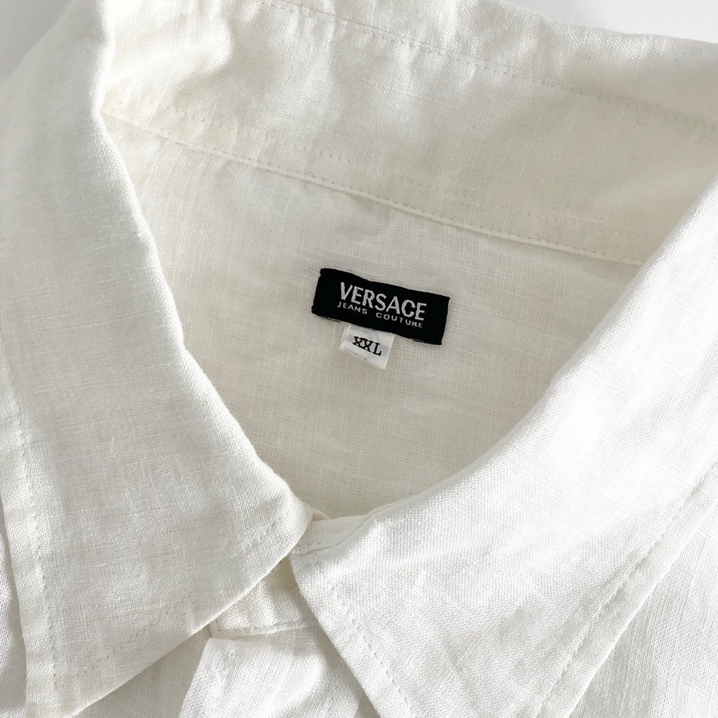 8b11 VERSACE ヴェルサーチ 刺繍デザイン リネンドレスシャツ XXL ホワイト 大きいサイズ イタリア LINEN SHIRT