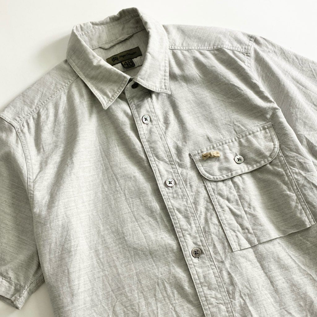 51b25 Nigel Cabourn ナイジェルケーボン ワンポイントリボン 半袖シャツ 48 ライトグレー 日本製 SHIRT ワンポケ