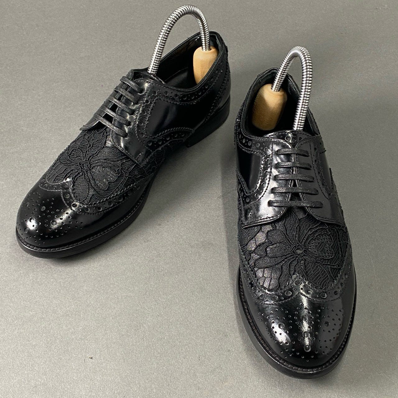 1c3 DOLCE&GABBANA ドルチェアンドガッバーナ Wチップ レース ドレスシューズ 35 ブラック レザー メダリオン イタリア製