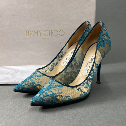 3a26  《美品》 JIMMY CHOO ジミーチュウ イタリア製 ABEL アベル ハイヒール レース パンプス シューズ ポインテッドトゥ 36 1/2 ブルー MADE IN ITALY