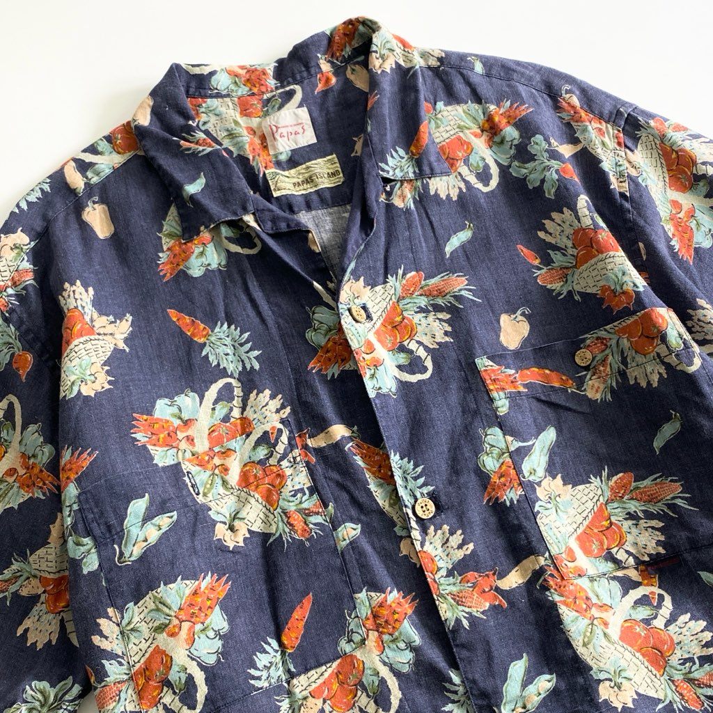 53b25 Papas パパス リネン アロハシャツ L ネイビー LINEN ALOHA SHIRT HAWAII ハワイ 半袖 オープンカラー