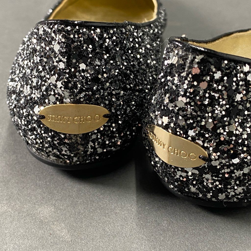 4b24 JIMMY CHOO ジミーチュウ イタリア製 グリッター フラットシューズ パンプス スパンコール 37 ブラック シルバー MADE IN ITALY