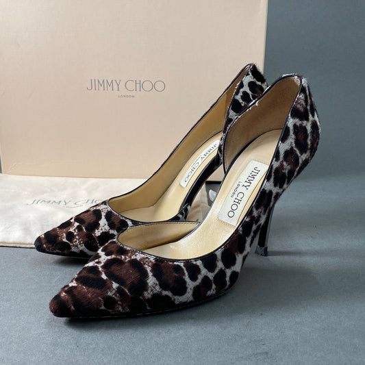 1a28 JIMMY CHOO ジミーチュウ WILLIS レオパード ハラコ ヒールパンプス シューズ ポインテッドトゥ イタリア製  36 1/2 ブラウン系 MADE IN ITALY