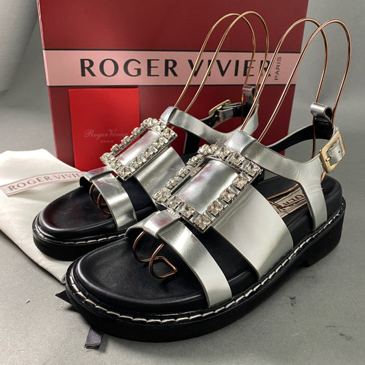 1A22 ROGER VIVIER ロジェ ヴィヴィエ VIV RANGERS ヴィヴ レンジャー レザーサンダル ビジュー装飾 38 シルバー×ブラック レディース シューズ