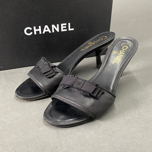 k7 CHANEL シャネル リボンレザーヒールサンダル ココマーク イタリア製 38 1/2《24.5cm相当》 ブラック レザー