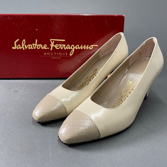 b6 Salvatore Ferragamo サルヴァトーレフェラガモ イタリア製 キルティング ヒール パンプス シューズ 6 ベージュ レザー MADE IN ITALY