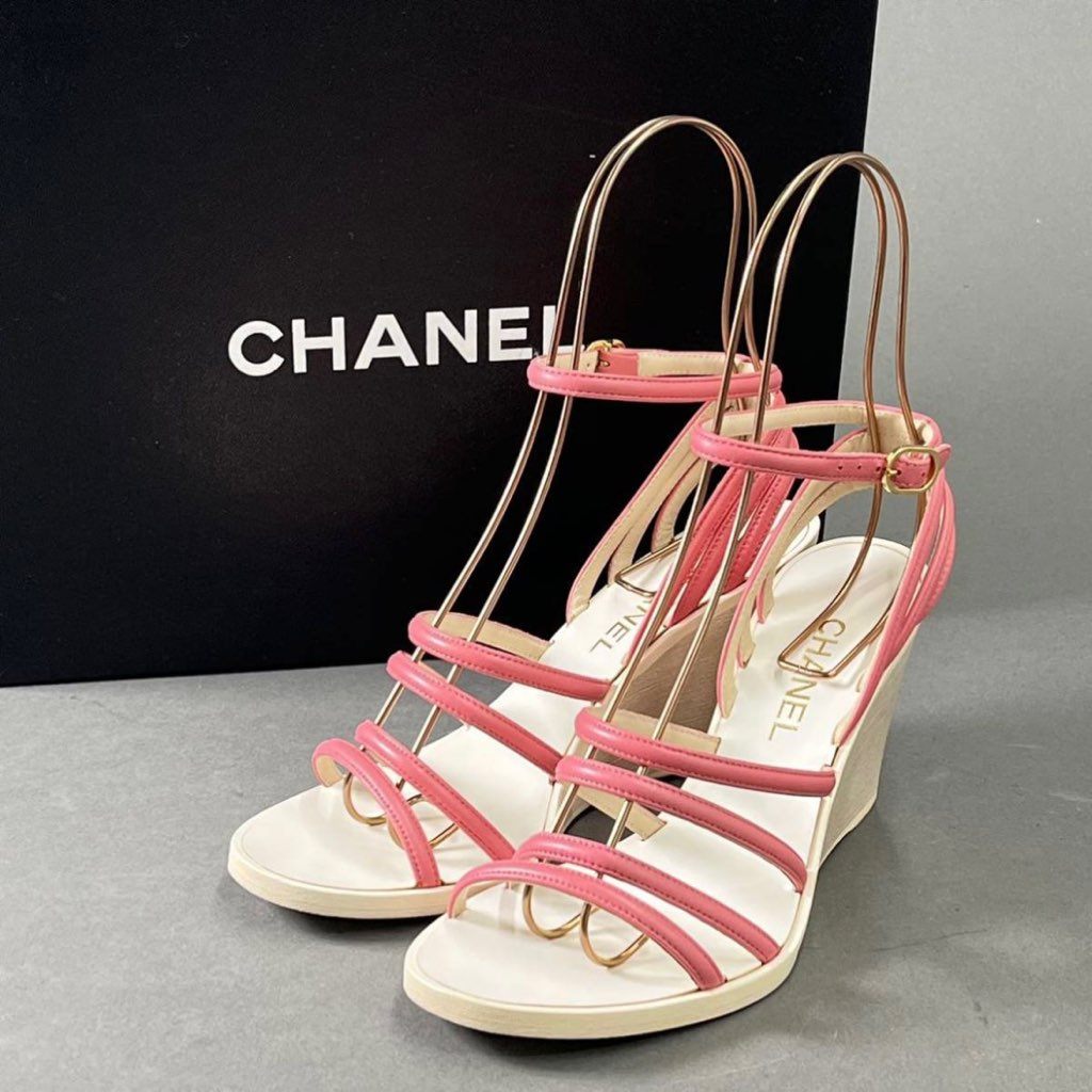 6f8 イタリア製 CHANEL シャネル ウェッジソール アンクルストラップ サンダル ココマーク レザー 36 1/2  ピンク レディース 女性用