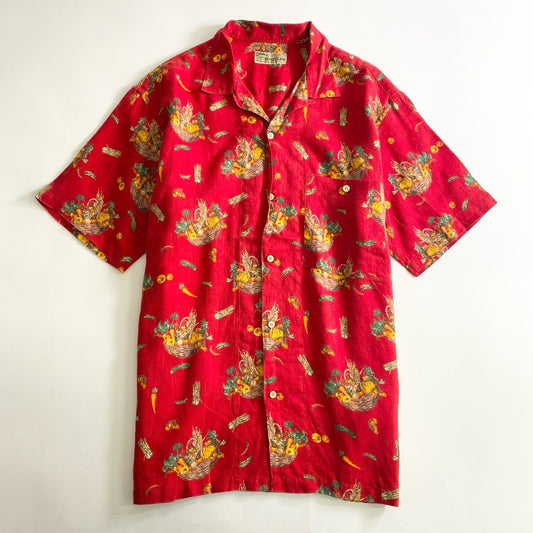 22b25-2 Papas パパス リネン アロハシャツ L レッド LINEN ALOHA SHIRT HAWAII ハワイ 半袖 オープンカラー