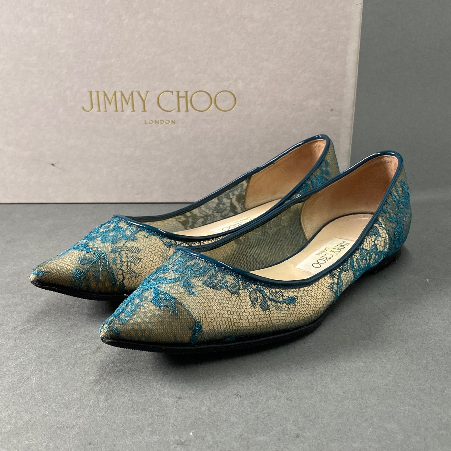 7a26 JIMMY CHOO ジミーチュウ イタリア製 ALINA アリーナ フラットパンプス バレエシューズ レース ポインテッドトゥ 36.5 ブルー MADE IN ITALY