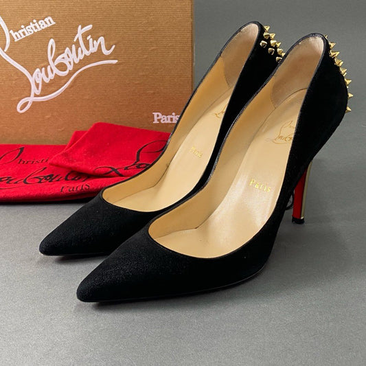 6b27 《美品》 Christian Louboutin クリスチャンルブタン ZAPPA 100 SUEDE ゴールドスタッズパンプス 39 ブラック スエード イタリア製