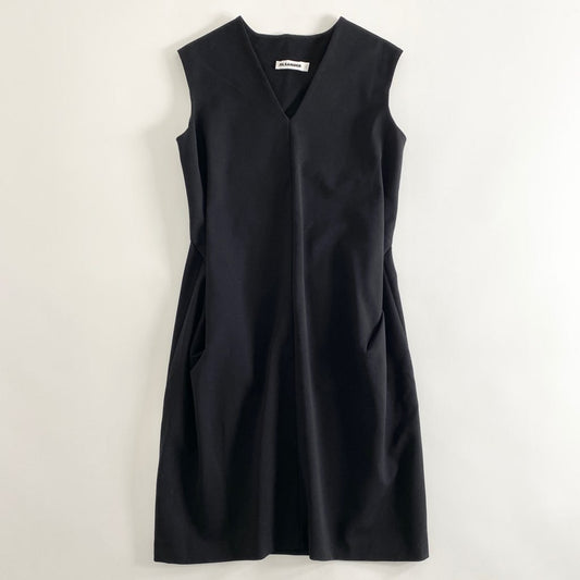 48b6 JIL SANDER ジルサンダー 伸縮ストレッチ素材 Vネックドレスワンピース 34 ブラック イタリア製