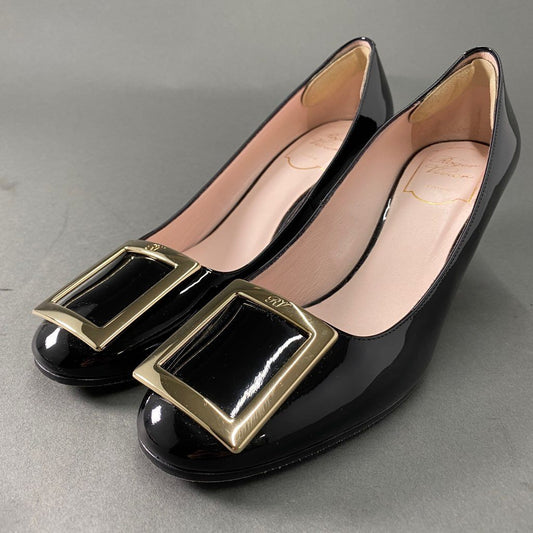 3b6 《美品》 Roger Vivier ロジェヴィヴィエ トランペット ゴールドバックル パンプス 37 1/2 ブラック パテントレザー シューズ イタリア製