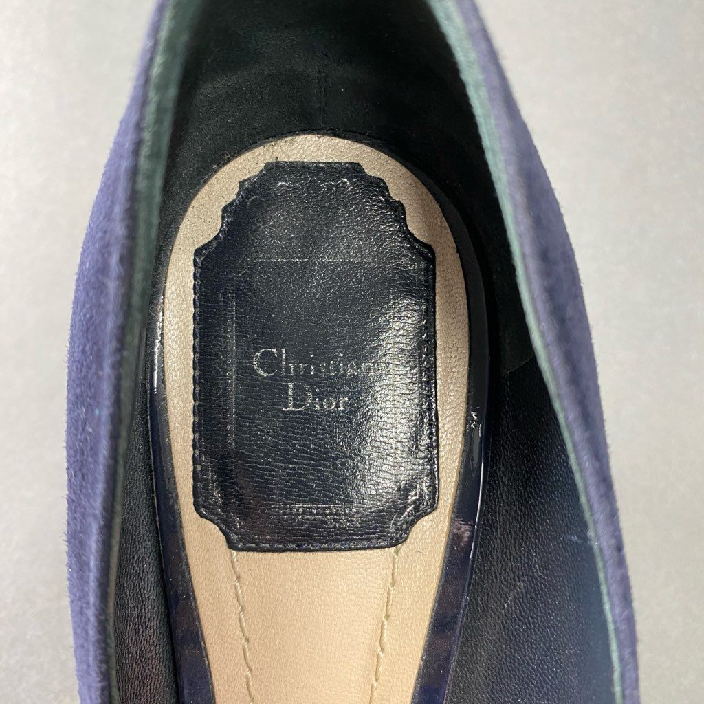 4b24 Christian Dior クリスチャンディオール イタリア製 ヒール パンプス シューズ ポインテッドトゥ CDロゴ 37 ネイビー スエード MADE IN ITALY