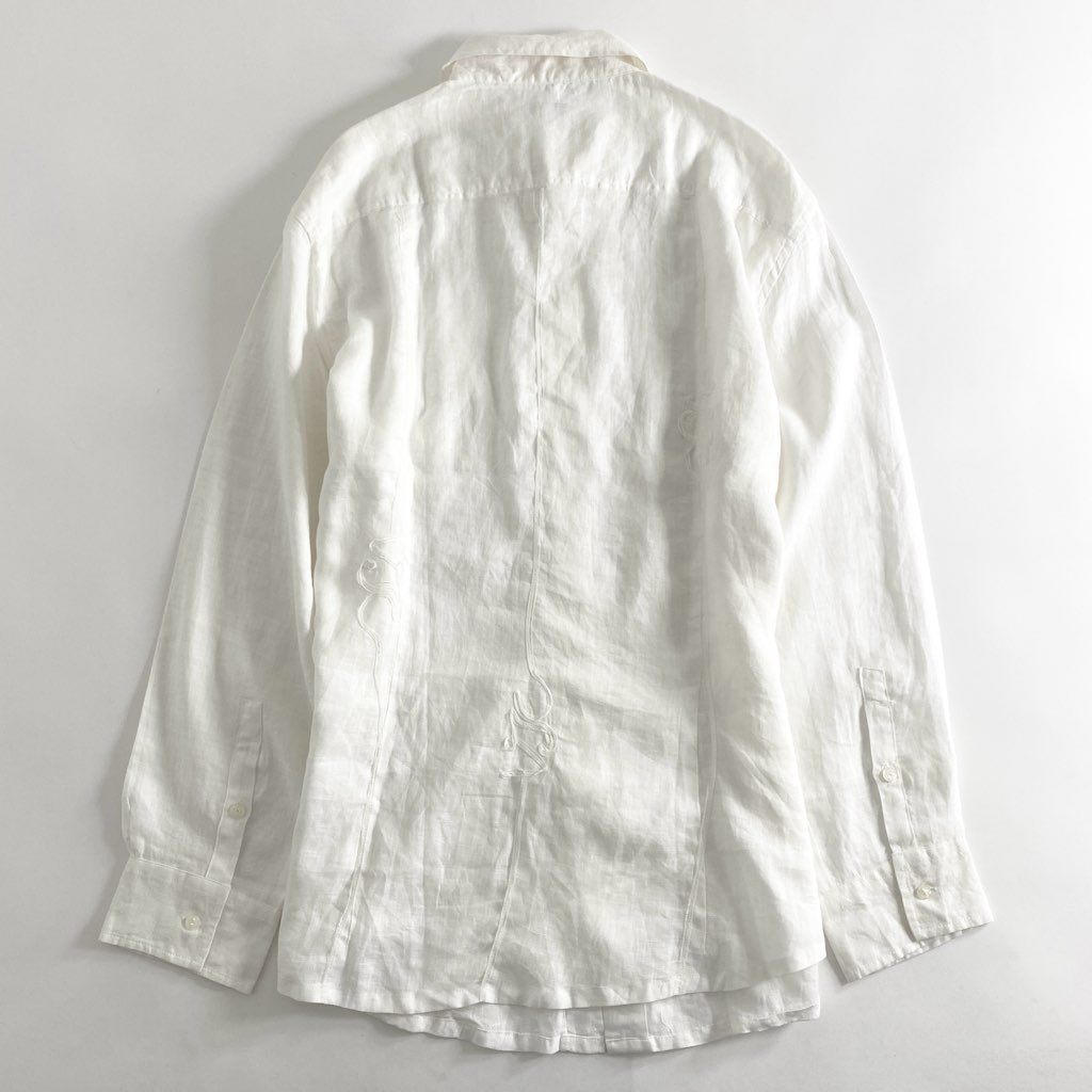 8b11 VERSACE ヴェルサーチ 刺繍デザイン リネンドレスシャツ XXL ホワイト 大きいサイズ イタリア LINEN SHIRT