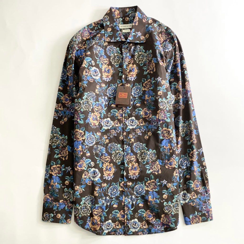 48j8 《未使用》ETRO エトロ フラワープリントシャツ 41 ブラウン メンズ 長袖 羽織 花柄 1flower print shirt イタリア製 タグ付き