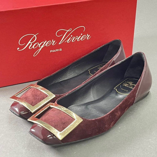 3e15 《美品》 ROGER VIVIER ロジェヴィヴィエ バックル フラットパンプス 35 ボルドー レザー スエード シューズ イタリア製 箱付属