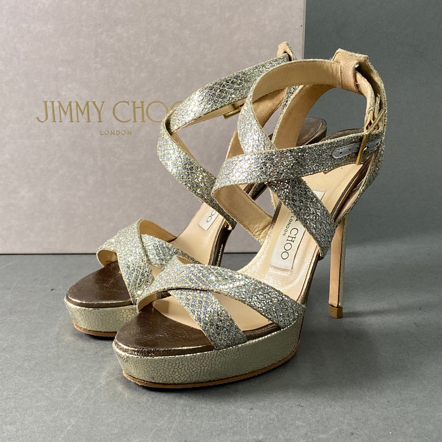 3a28 JIMMY CHOO ジミーチュウ イタリア製 VAMP GLITTER グリッター ハイヒール サンダル シューズ 36 1/2 シルバー MADE IN ITALY