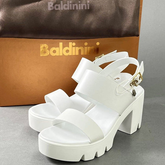 14e29 《美品》 イタリア製 Baldinini バルディニーニ レザー ストラップ サンダル チャンキーヒール ロゴ 37 1/2 ホワイト レディース