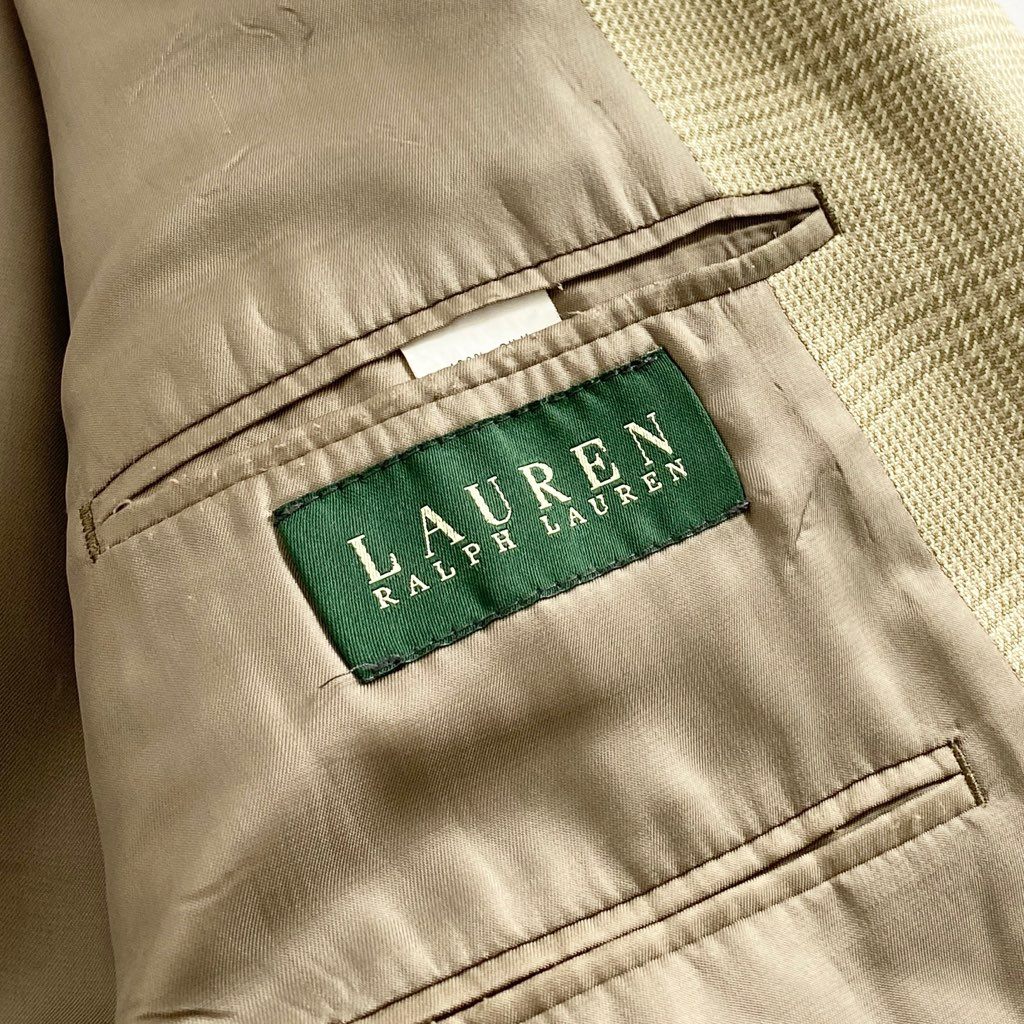 59b13 LAUREN RALPH LAUREN ローレン ラルフローレン シルクテーラードジャケット ブレザー 42R カーキ チェック フォーマル