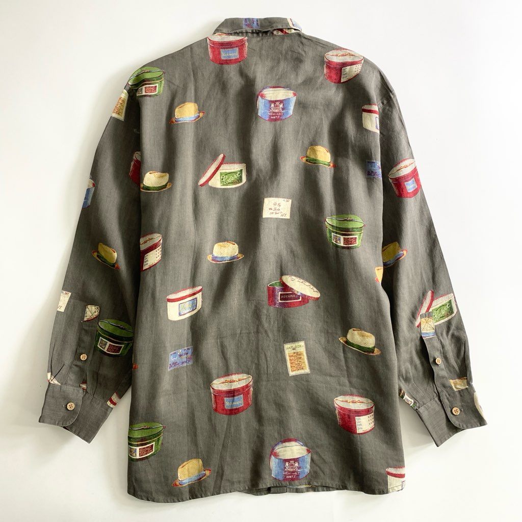 54b25 Papas パパス リネン 総柄シャツ L グレー 日本製 ワンポイントロゴ ハット 帽子 HAT BOX LINEN SHIRT