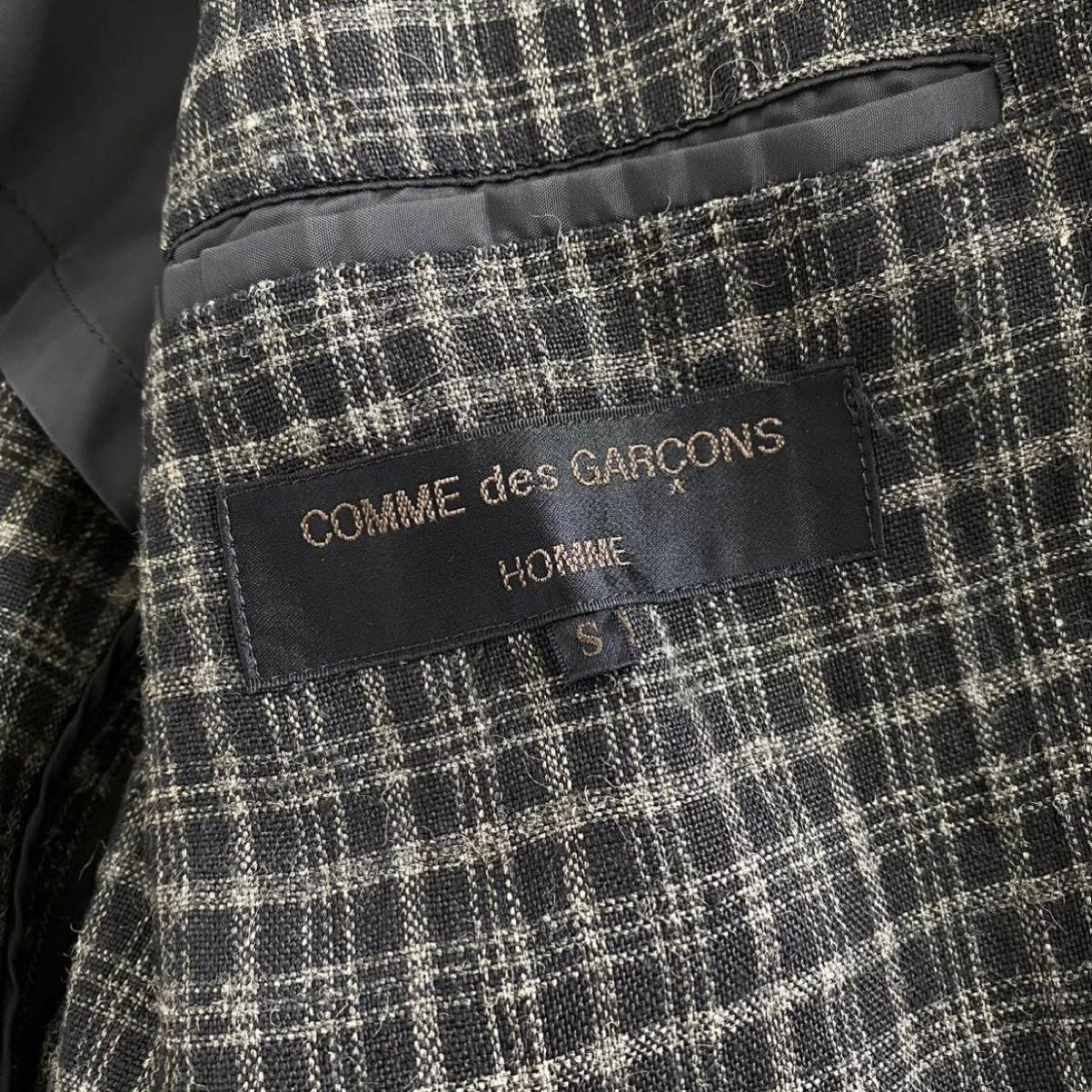 52i22 COMME des GARCONS HOMME コムデギャルソンオム 90s リネン チェックテーラードジャケット Sサイズ ブラック メンズ ブレザー 羽織