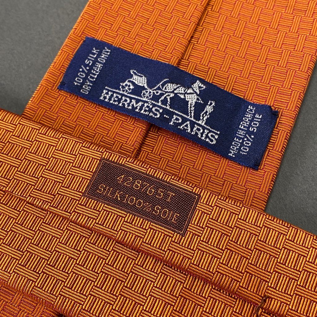 39b6-13 HERMES エルメス Hロゴ クローバー刺繍 シルクネクタイ ビジネス フォーマル スーツ オレンジ フランス製 428765T