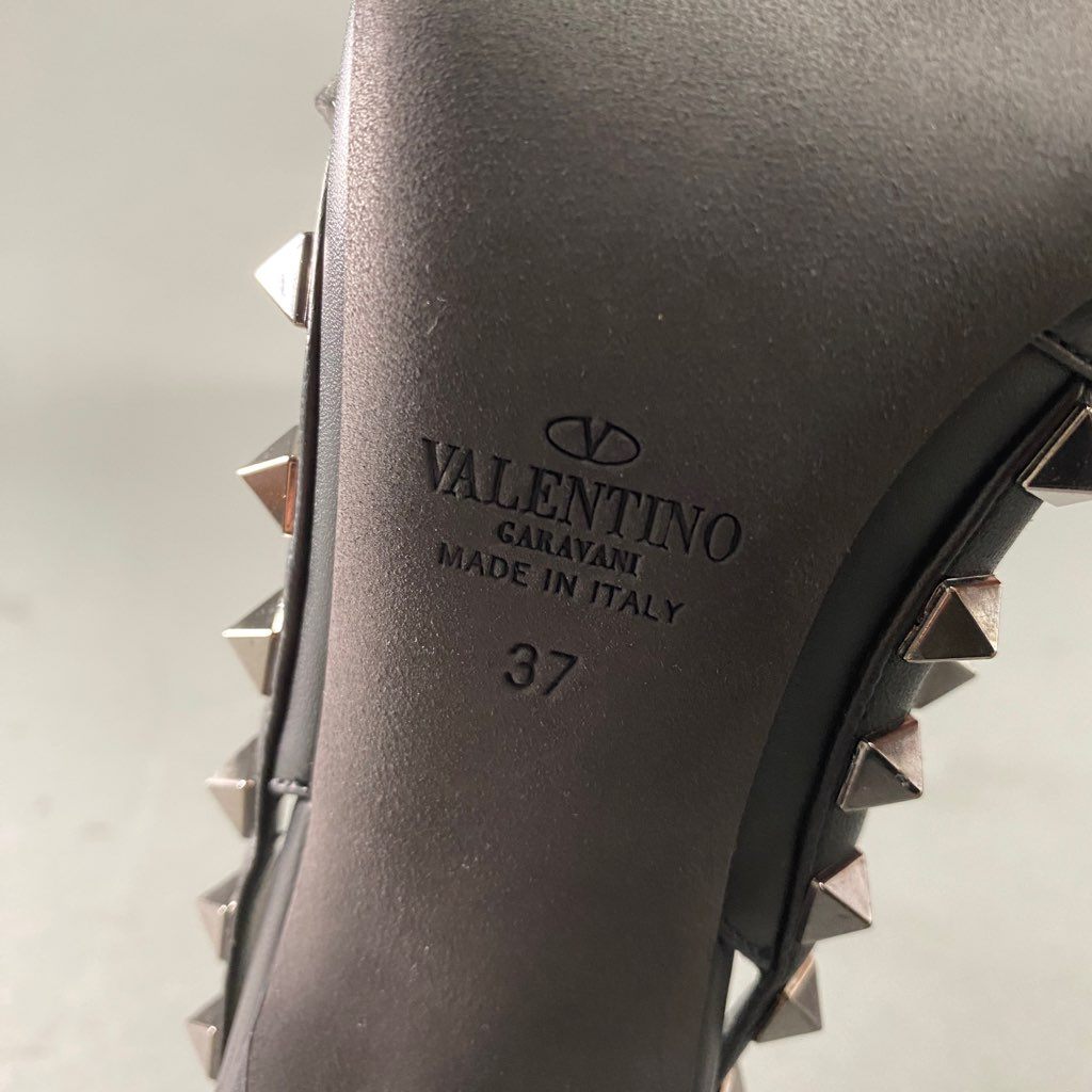 b6 VALENTINO GARAVANI ヴァレンティノ イタリア製 ロックスタッズ アンクルストラップ ハイヒール パンプス シューズ 37 ブラック レザー MADE IN ITALY