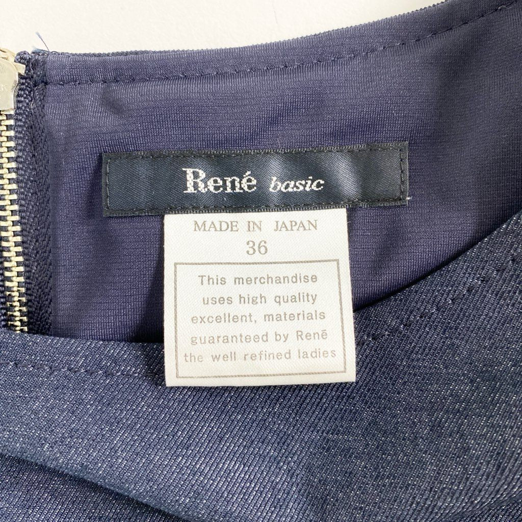 23c11 《美品》 Rene basic ルネ ベーシック バックジップ ストレッチフリルワンピース 36 ネイビー 日本製 伸縮性◎ ドレス