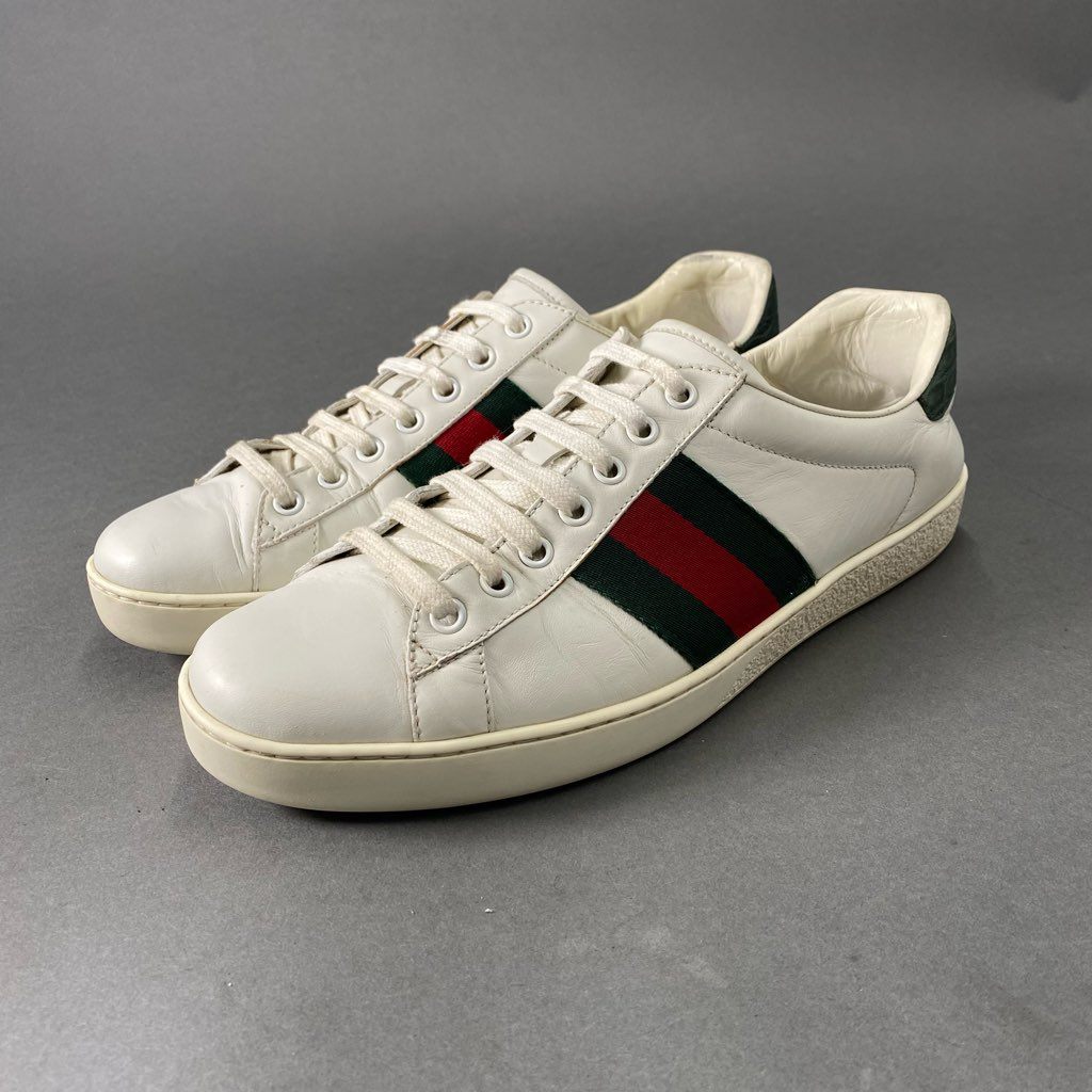 6c8 GUCCI グッチ イタリア製 ローカットスニーカー シェリーライン シューズ 7 ホワイト グリーン レッド レザー MADE IN ITALY