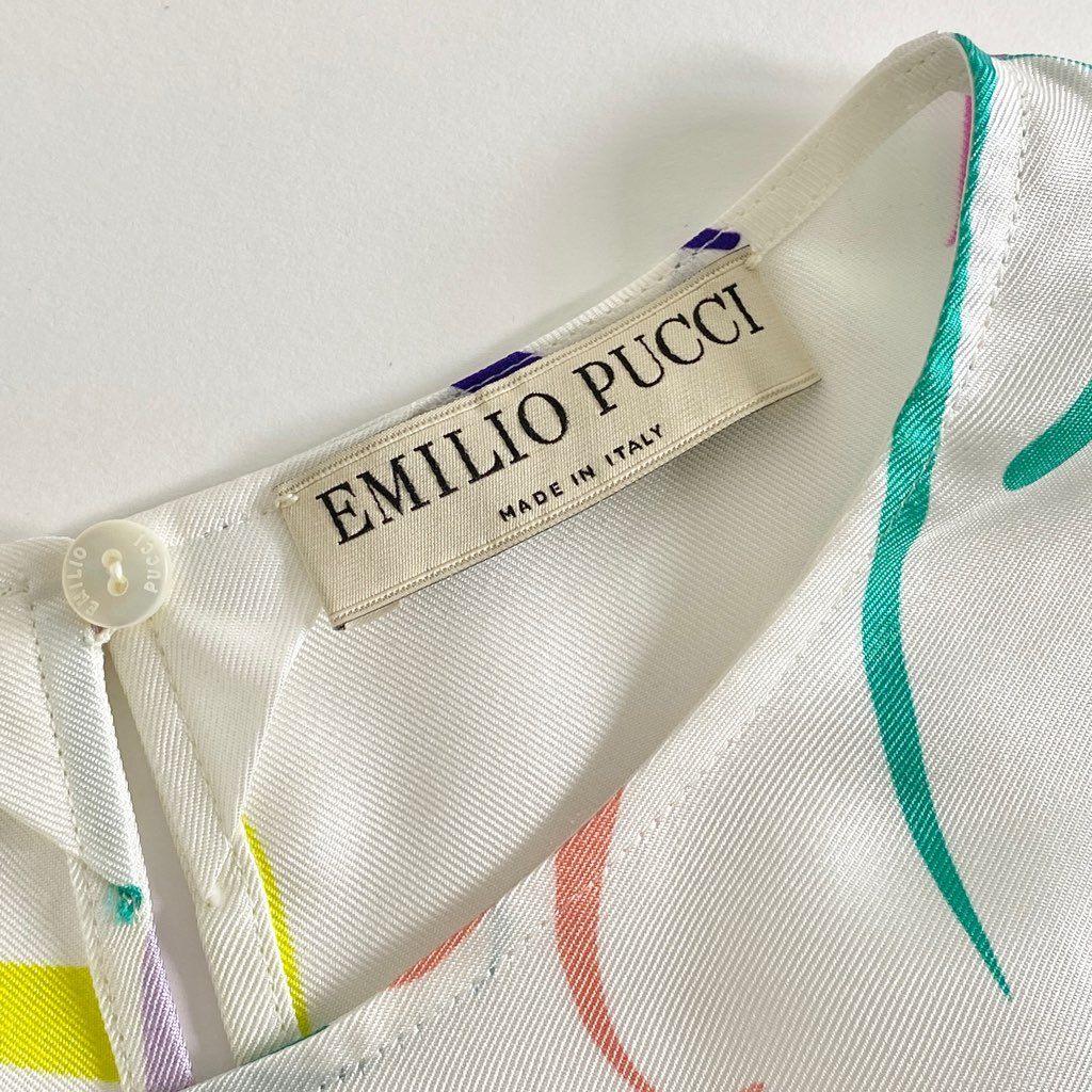 16b4 EMILIO PUCCI エミリオプッチ マルチカラープリント シルクトップ 42 ホワイト ブラウス カットソーイタリア製