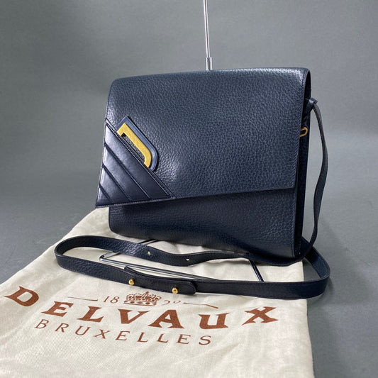 Bb8 DELVAUX デルヴォー Dロゴ 金具 ショルダーバッグ フラップバッグ ベルギー製 鞄 かばん ネイビー レザー アシンメトリー