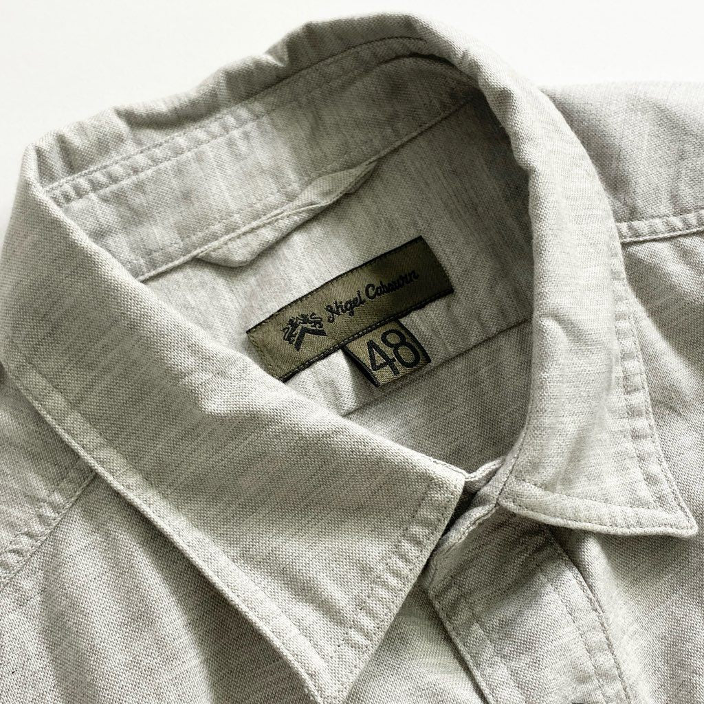 51b25 Nigel Cabourn ナイジェルケーボン ワンポイントリボン 半袖シャツ 48 ライトグレー 日本製 SHIRT ワンポケ