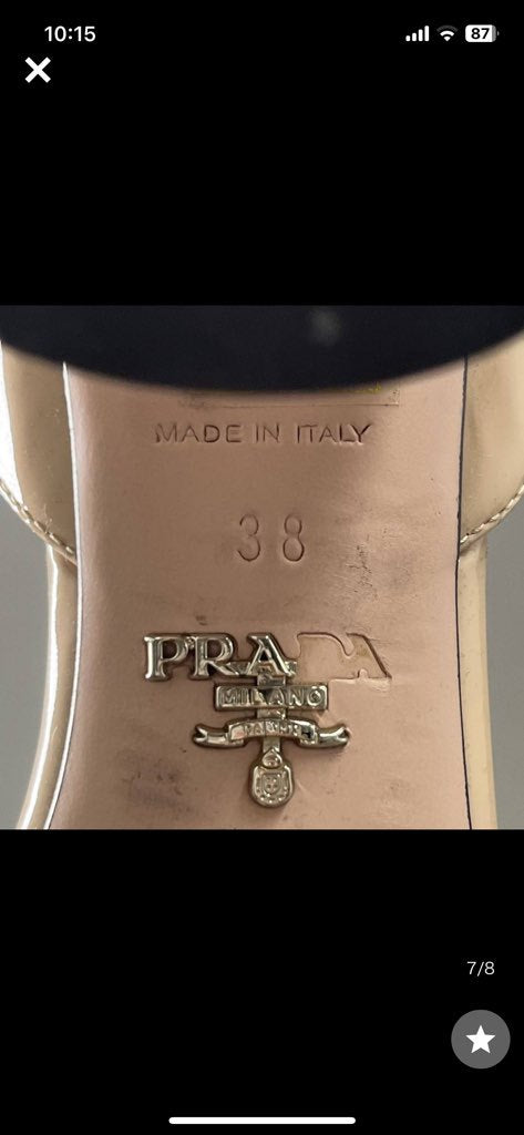 12i17 イタリア製☆ PRADA プラダ パテントレザー ストラップ チャンキーヒール パンプス サンダル 38 ベージュ系 レディース 女性用