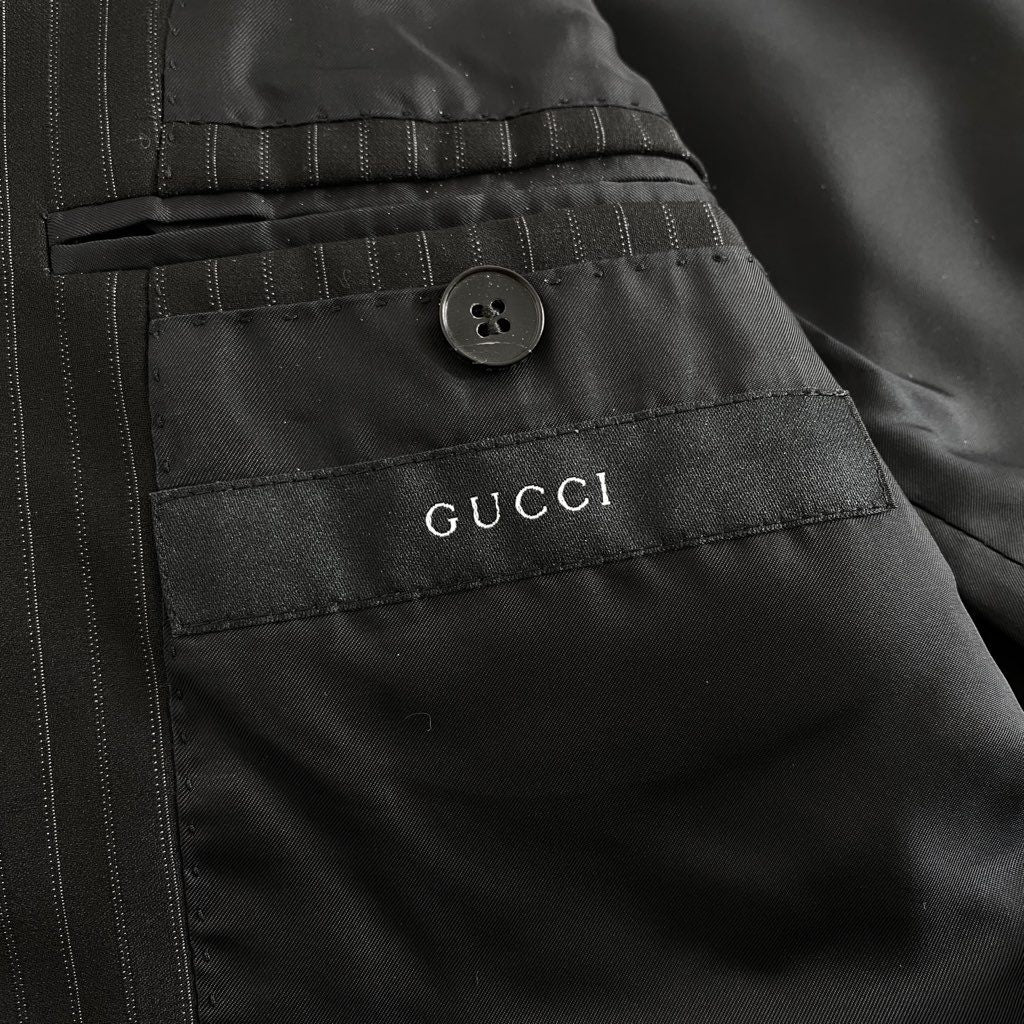 55b13 《未使用》 タグ付 GUCCI グッチ 2Bストライプテーラードジャケット スーツ 46 ブラック ブレザー ビジネス フォーマル スイス製