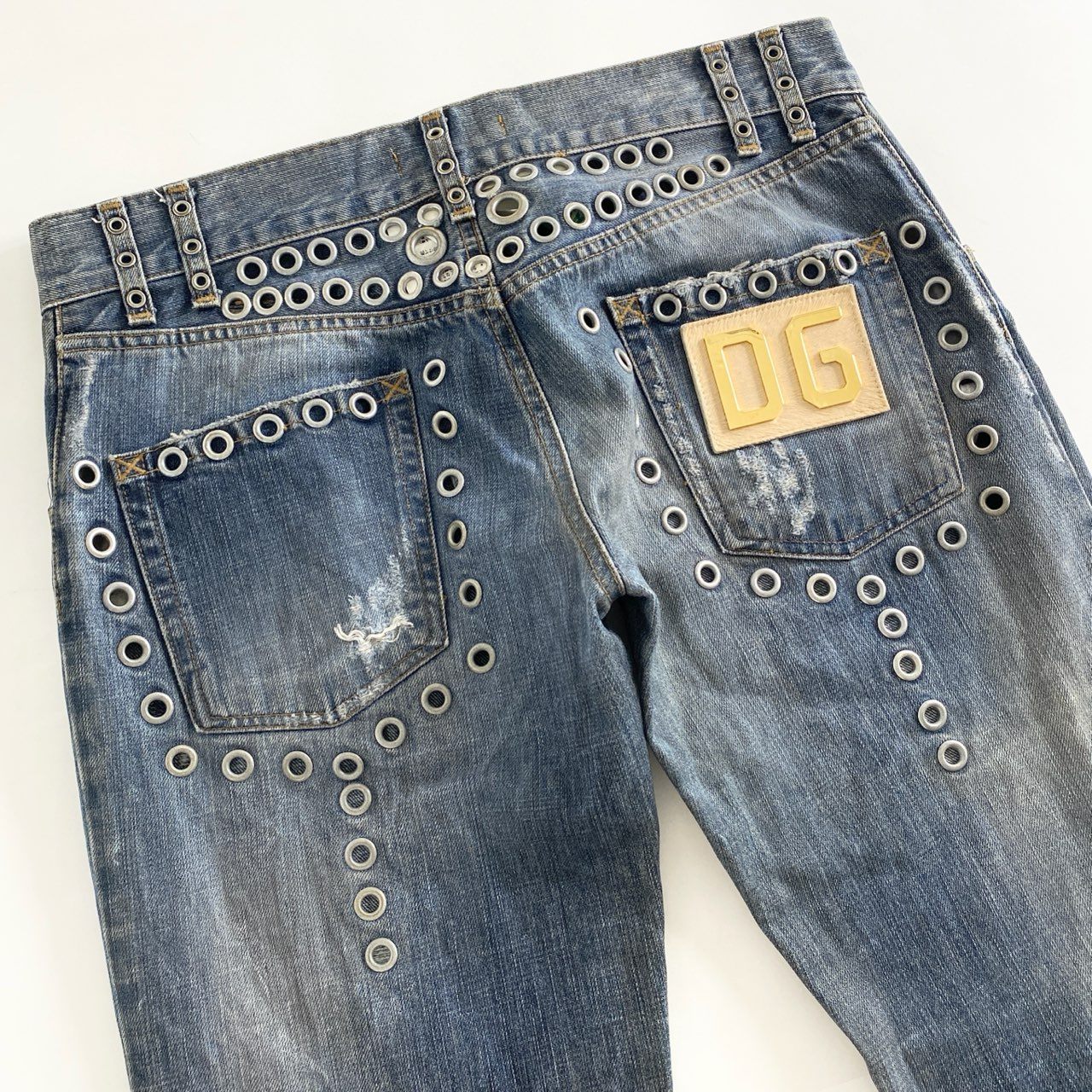 43c1 DOLCE&GABBANA ドルチェアンドガッバーナ イタリア製 ハトメスタッズデニムパンツ ボトム ジーンズ ダメージ加工 48 インディゴブルー コットン ドルガバ MADE IN ITALY