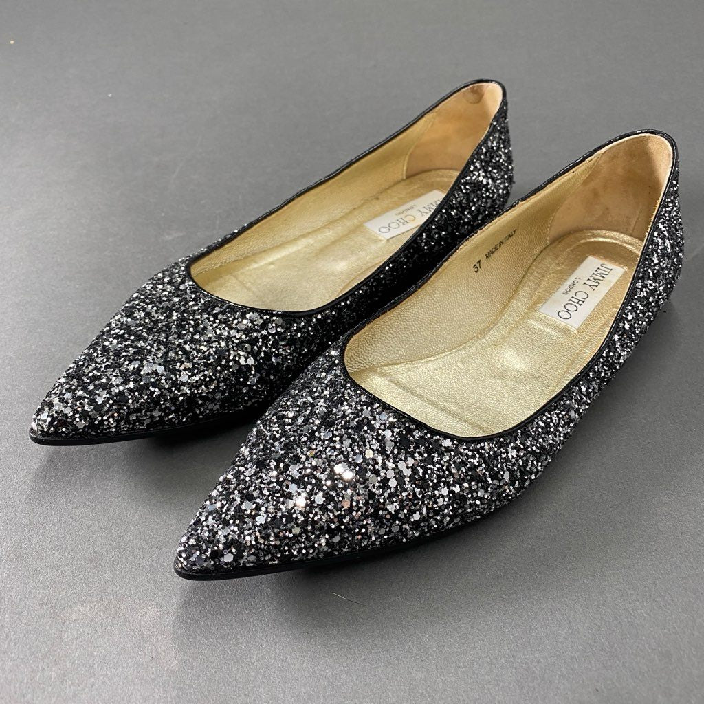 4b24 JIMMY CHOO ジミーチュウ イタリア製 グリッター フラットシューズ パンプス スパンコール 37 ブラック シルバー MADE IN ITALY