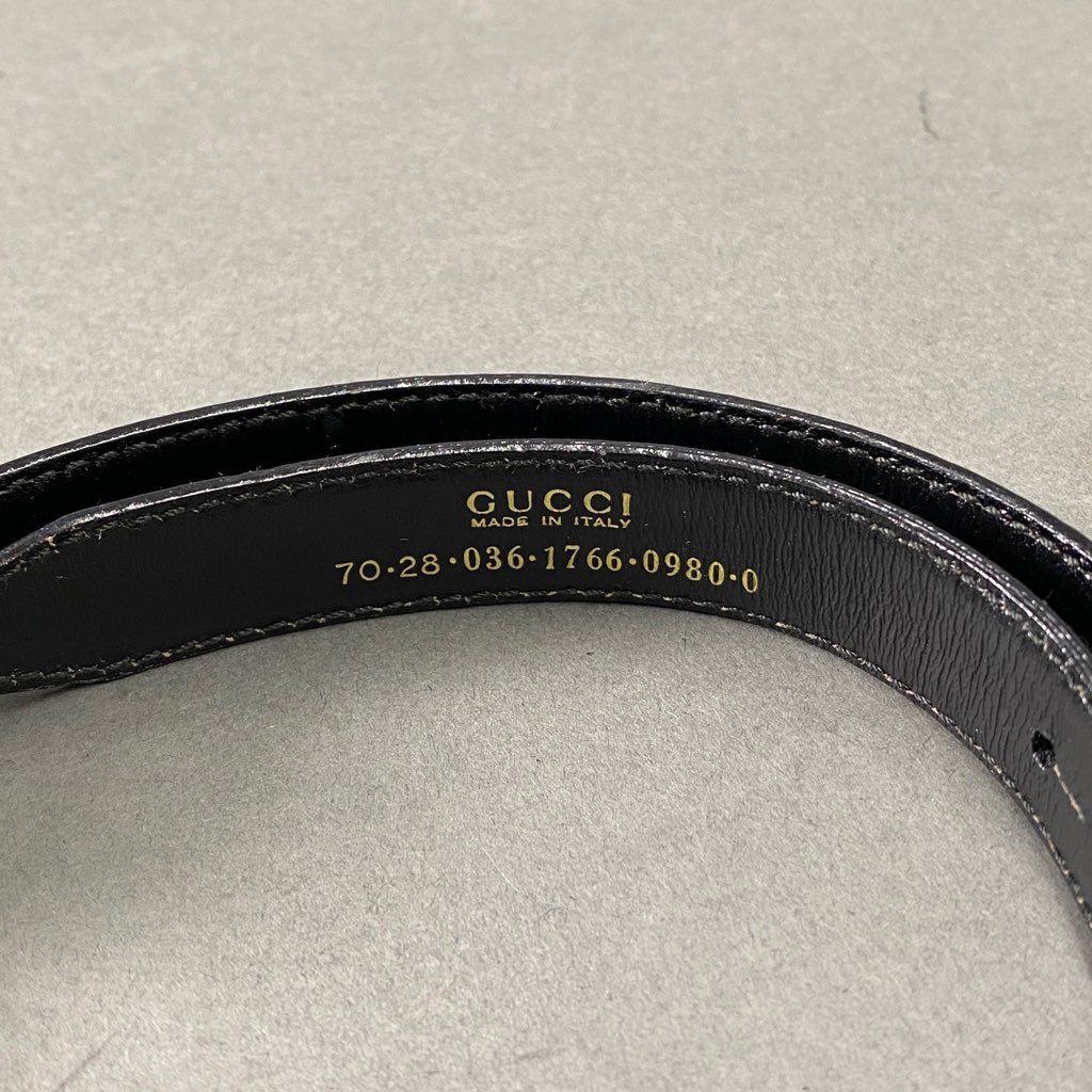 b8-7 GUCCI グッチ 70・20・036・1766・0980・0 イタリア製 インターロッキングG ベルト GGバックル 細ベルト ブラック レザー MADE IN ITALY