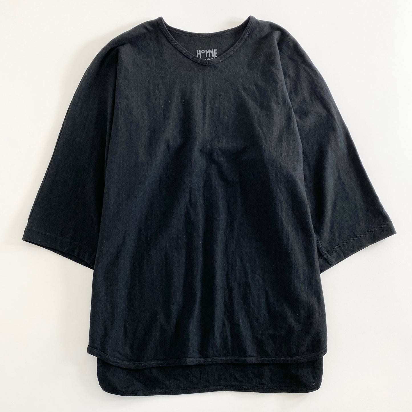 12a21 日本製 HOMME PLISSE ISSEY MIYAKE オムプリッセ イッセイミヤケ 七分袖カットソー Tシャツ 2 ブラック Vネック リネン混 無地