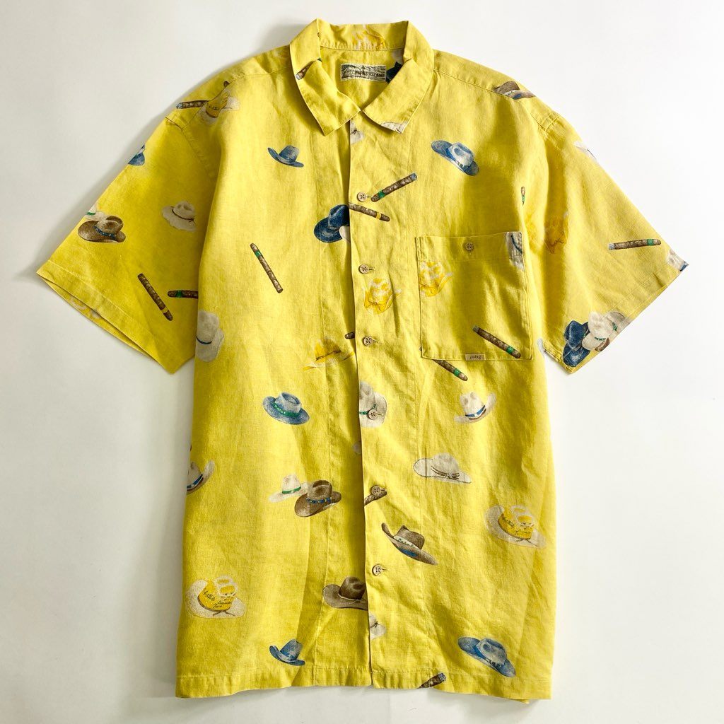 52b25 Papas パパス リネン アロハシャツ L イエロー LINEN ALOHA SHIRT HAWAII ハワイ 半袖 オープンカラー