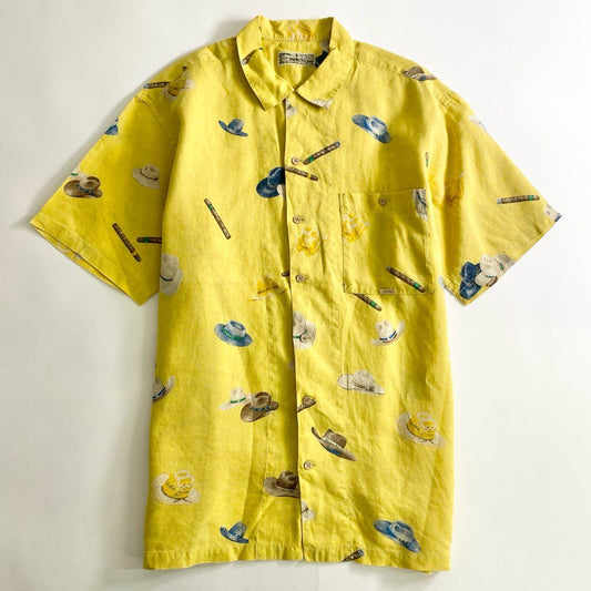 52b25 Papas パパス リネン アロハシャツ L イエロー LINEN ALOHA SHIRT HAWAII ハワイ 半袖 オープンカラー