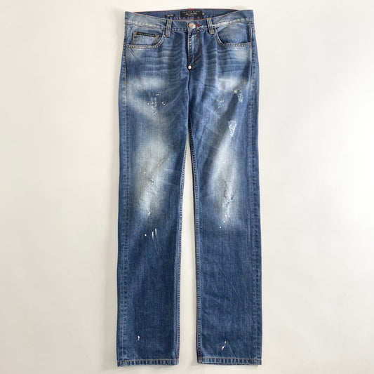 58b13 PHILIPP PLEIN フィリッププレイン ヴィンテージ加工 デニムパンツ ジーンズ 32 インディゴ ペンキ加工 DENIM PANTS