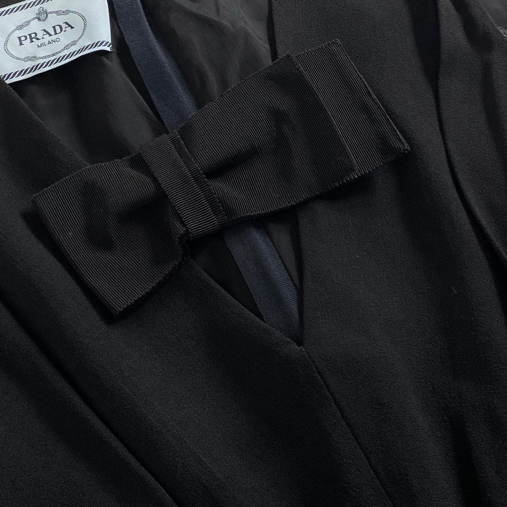 1b3 PRADA プラダ ベルト付き ビッグリボンワンピース 40S ブラック ドレス イタリア製 パーティ ノースリーブ