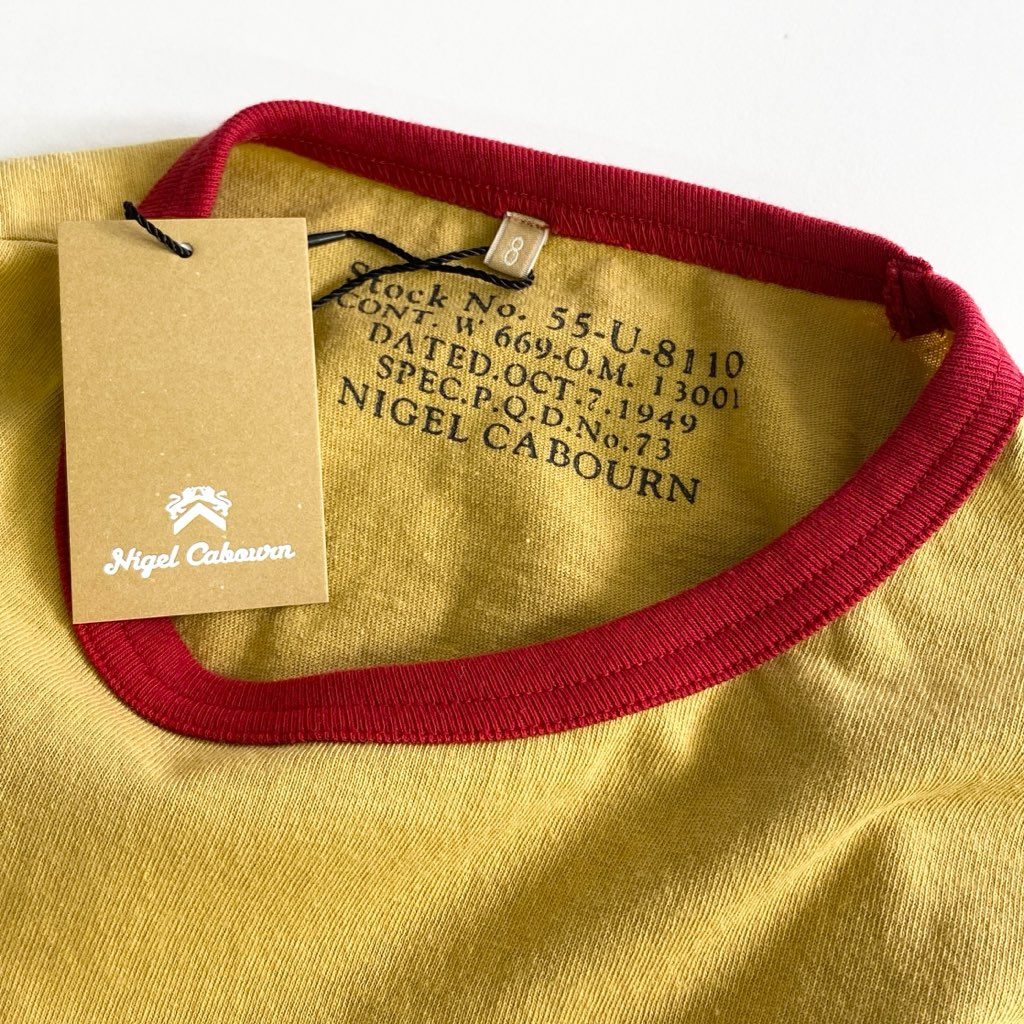 26b25 《美品》 タグ付 NIGEL CABOURN ナイジェルケーボン 日本製 袖リブ リンガー Tシャツ カットソー クルーネック 55-U-8110 8 イエロー コットン MADE IN JAPAN