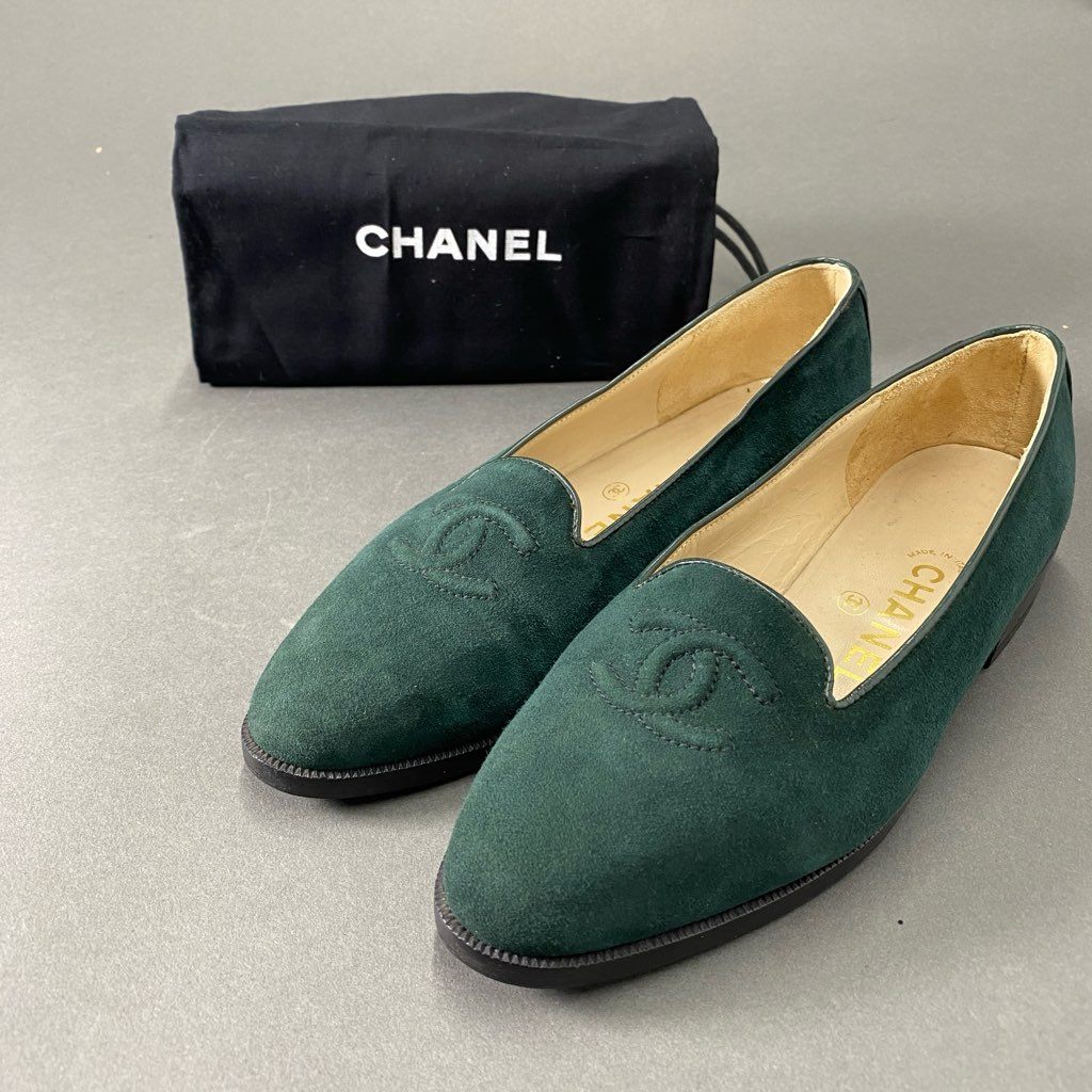 2b24 イタリア製 CHANEL シャネル フラットパンプス フラットシューズ 34 1/2 グリーン スエード ココマーク レディース 靴 女性用