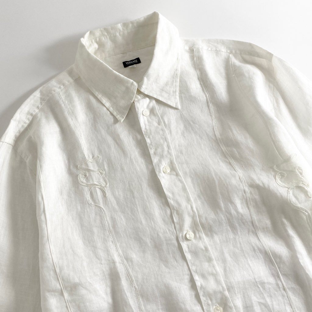 8b11 VERSACE ヴェルサーチ 刺繍デザイン リネンドレスシャツ XXL ホワイト 大きいサイズ イタリア LINEN SHIRT